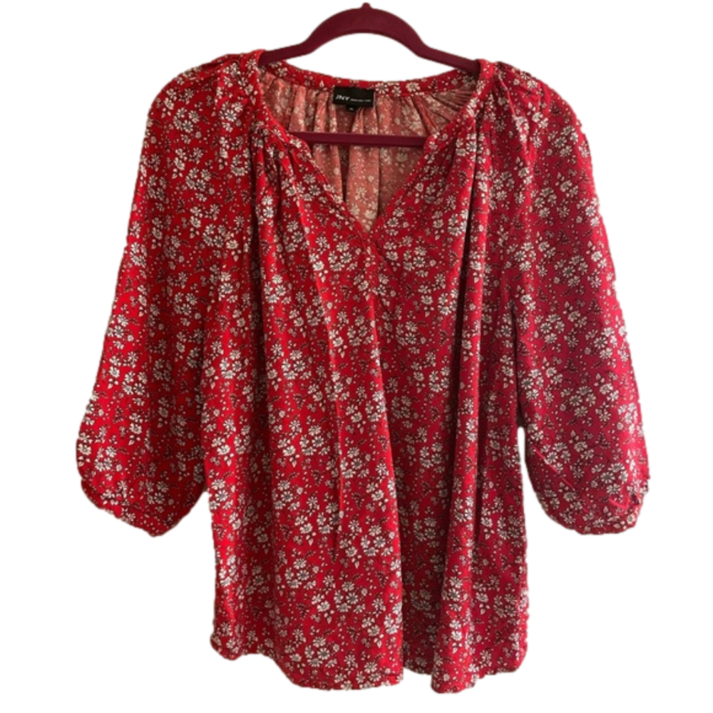 EUC Jones New York Red White Floral loose fitting peasant top size 1x